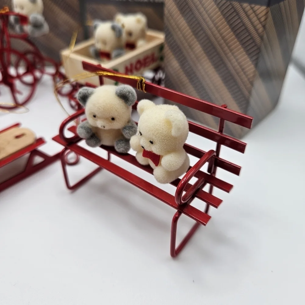 VINTAGE Avon Flocked Teddy Bear Ornaments Lot 6 led Bench Tricycle Rocker Wagon